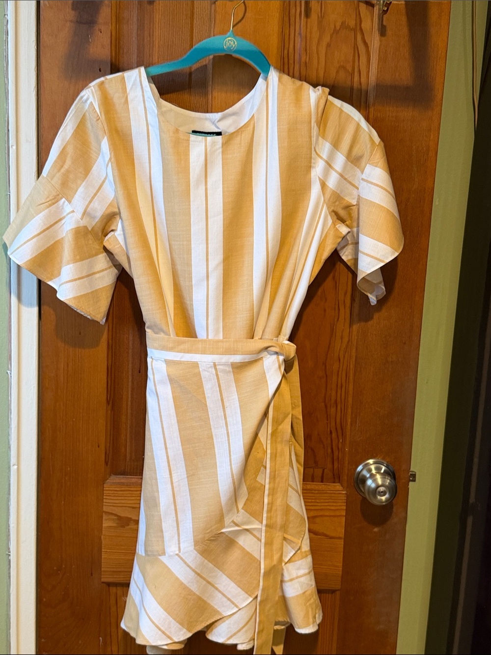Express Striped Wrap-Style Casual Dress in Cream and Tan